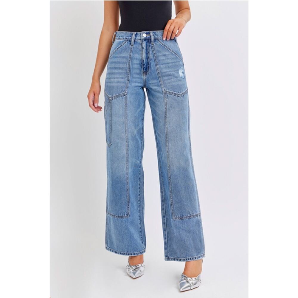 Cello Medium Wash Size 9/29 High Rise Wide Leg Jean with Carpenter Details - Picture 1 of 5